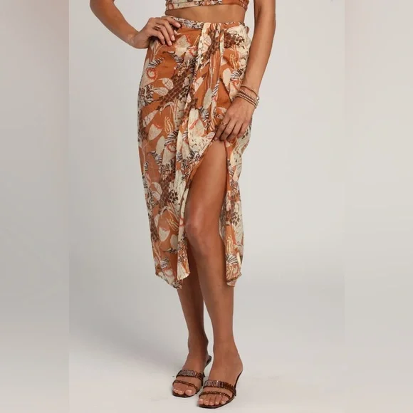 *NWT* Lulus Something Wild Brown Multi Print Twist-Front Midi Skirt, Size Small - Picture 1 of 13